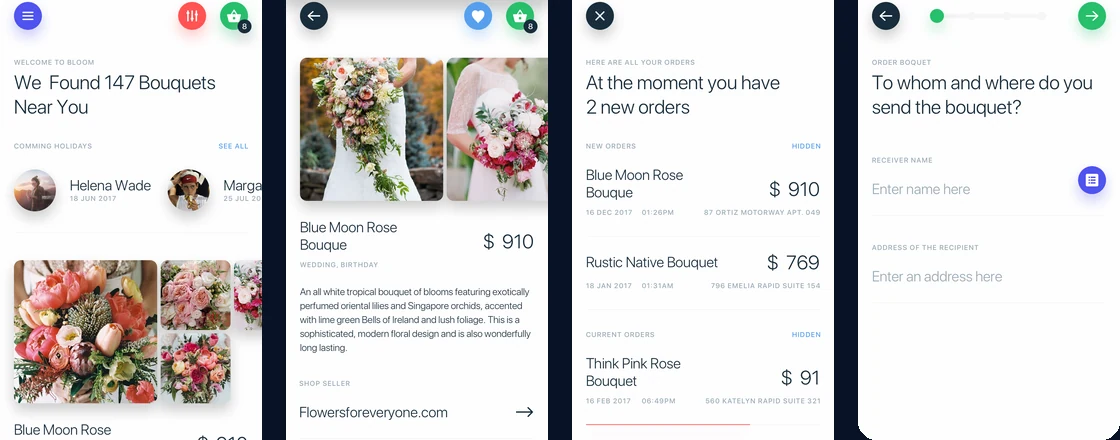 Bloom app screens: bouquet feed, bouquet detail, shop order queue, and delivery step