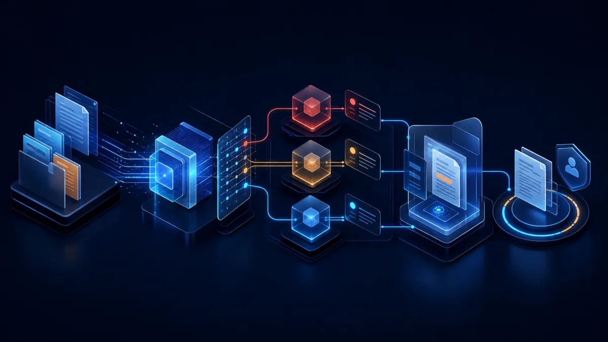 Generated illustration of legal documents moving through controlled AI review gates