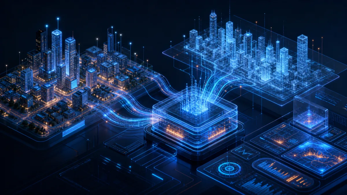 Generated illustration of a connected city feeding a real-time analytics platform