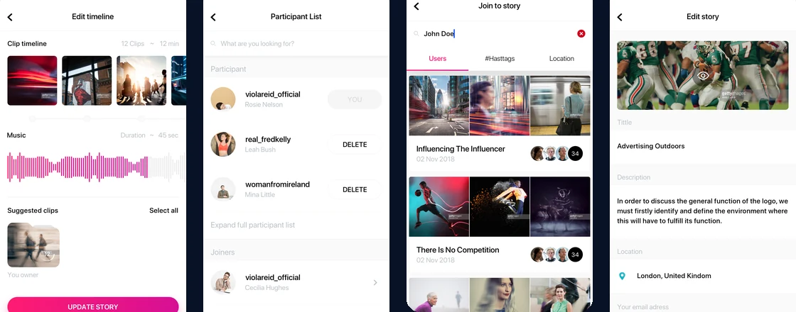 Henry app screens: story timeline, participant list, join-to-story, and story editor