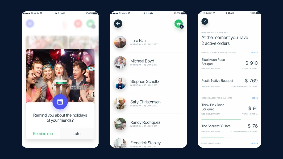 Bloom calendar access prompt, upcoming birthdays feed, and customer order history