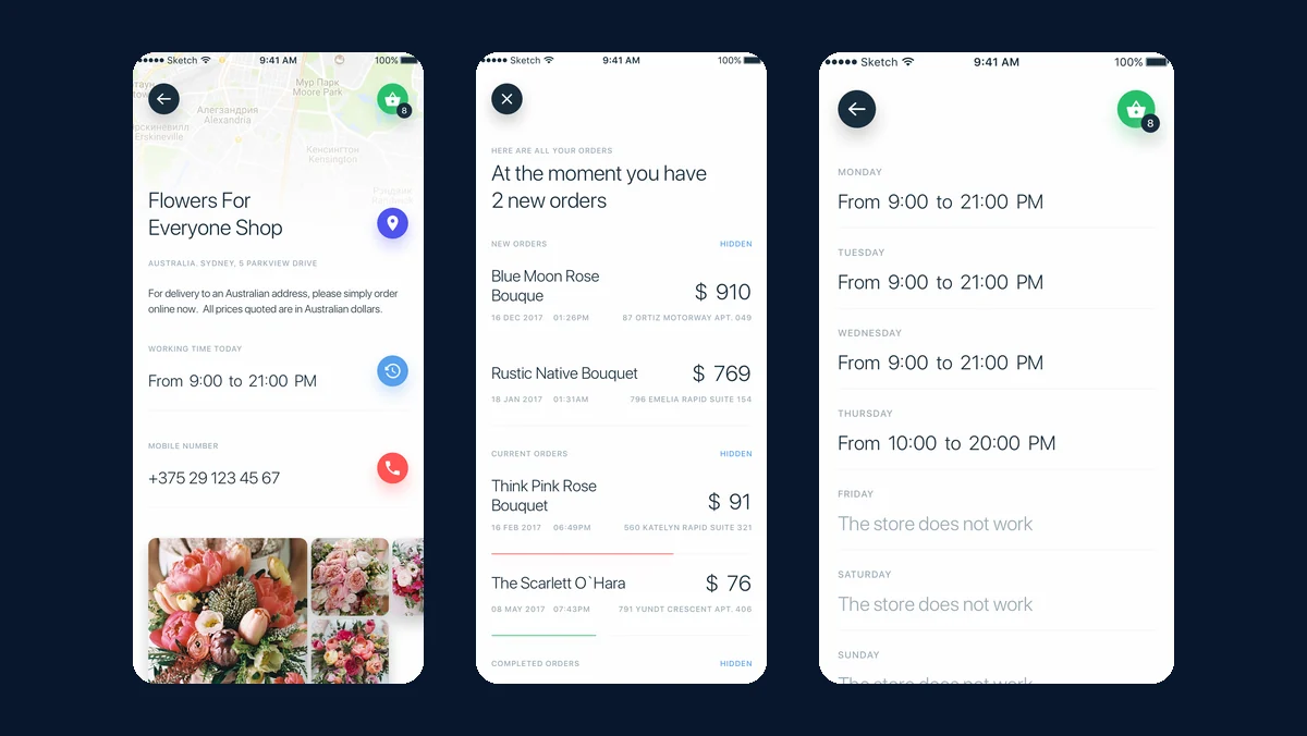 Bloom shop profile, shop-side order queue, and per-day working hours editor