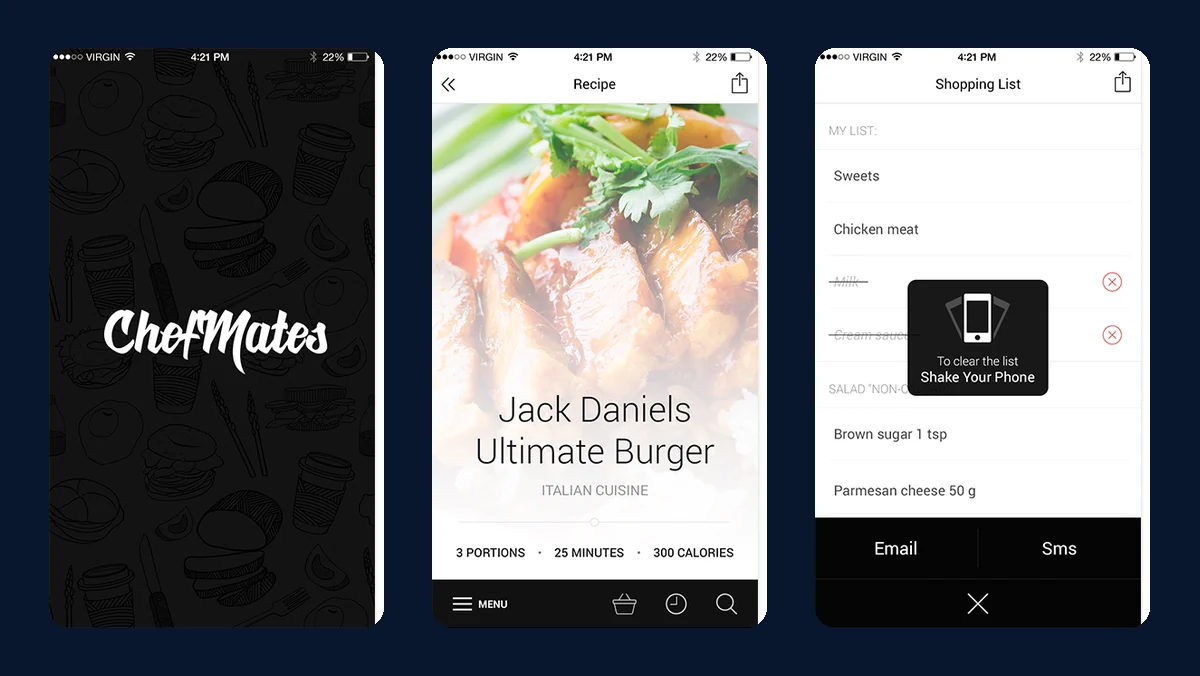 Chefmates splash screen, recipe view with portions and calories, and shopping list