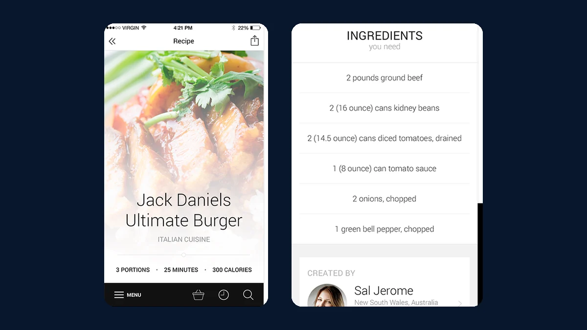 Chefmates recipe screen and full ingredient list with author attribution