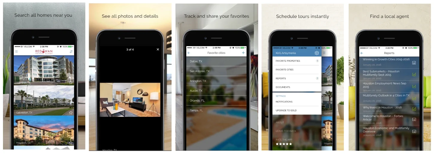 RedSwan Private Client iOS app: property search, photo gallery, favourite cities, menu, and a library of market reports