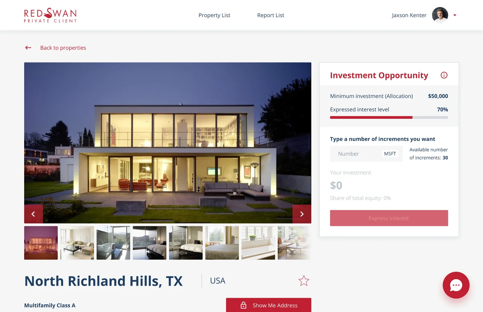 RedSwan Private Client web platform: property page with a photo gallery and the investment opportunity panel