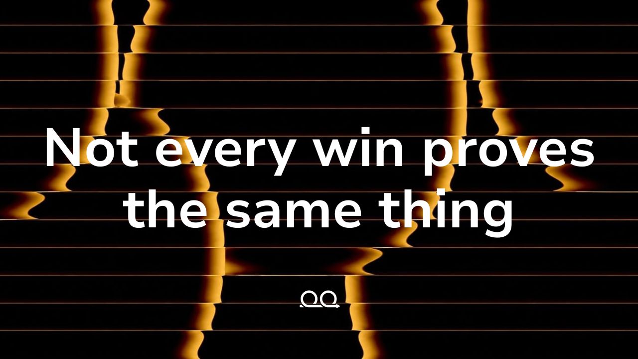 Proof Engine cover card reading 'Not every win proves the same thing' over black horizontal bands with glowing amber waveform edges