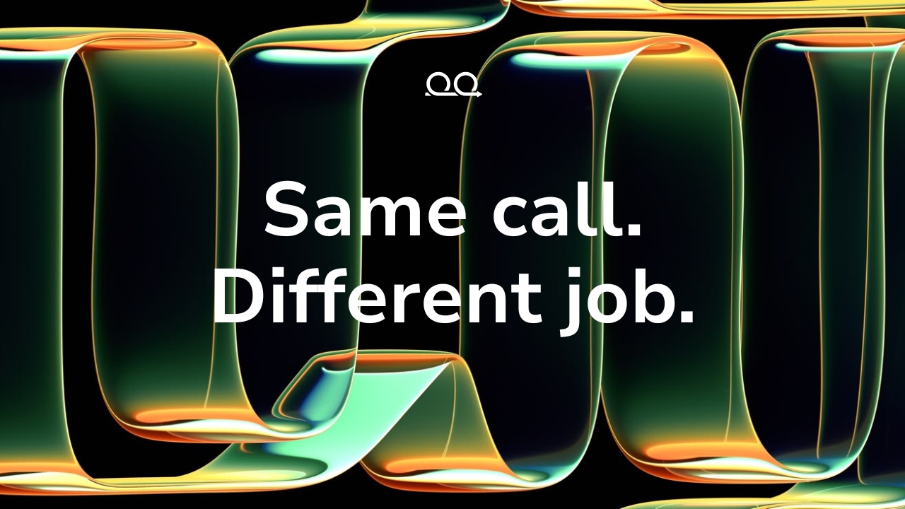 Proof Engine cover card reading 'Same call. Different job.' over glossy green and orange ribbons looping across a black background
