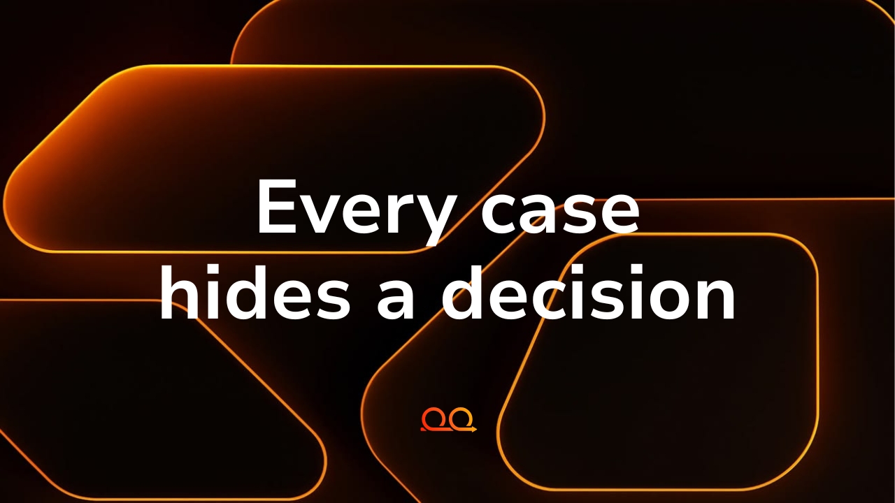 Proof Engine cover card reading 'Every case hides a decision' over overlapping neon orange outlined shapes on black