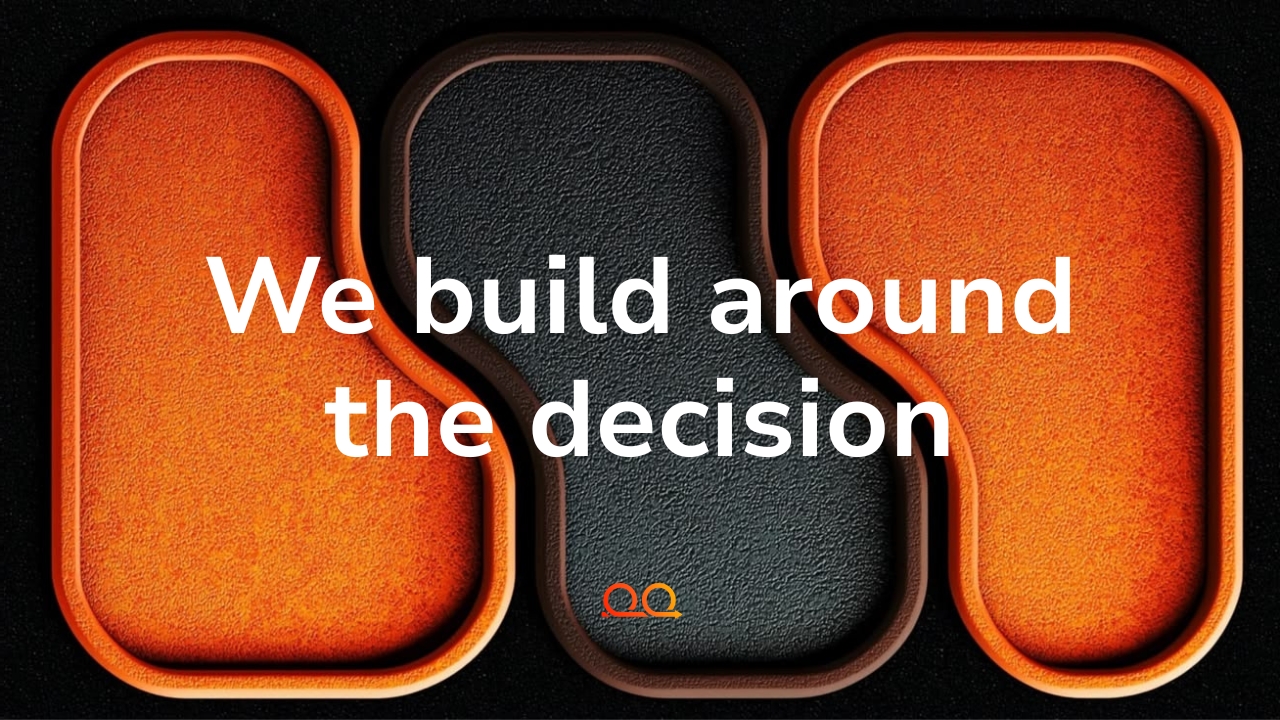 Proof Engine cover card reading 'We build around the decision' over three tall rounded textured panels in orange and charcoal