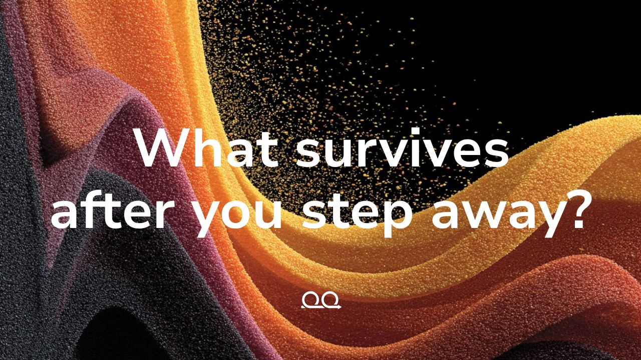 Proof Engine cover card reading 'What survives after you step away?' over textured waves of black, plum, orange, and yellow grains scattering into darkness