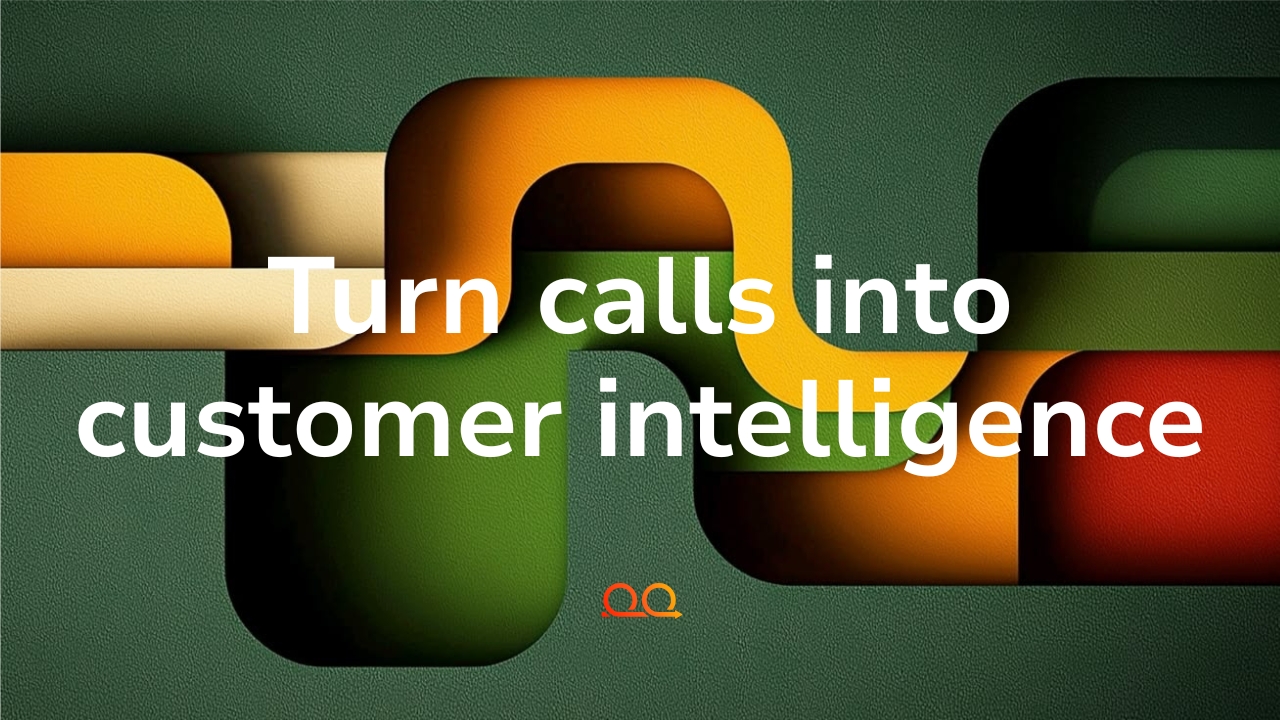 Proof Engine cover card reading 'Turn calls into customer intelligence' over interlocking green, amber, and red rounded ribbons